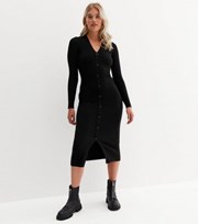 New Look Tall Black Ribbed Knit Button Front Midi Polo Dress